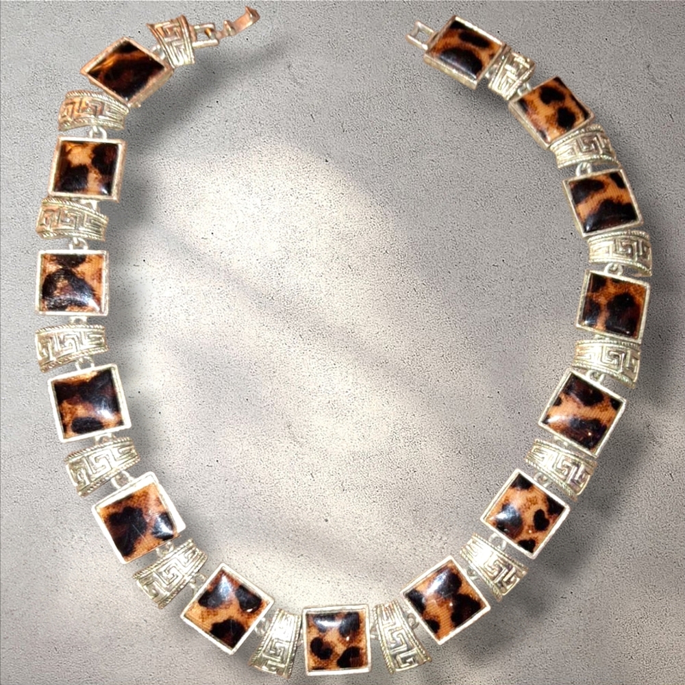 Vintage Tortoiseshell, Animal Print Greek Meander Statement Necklace - Picture 2 of 7